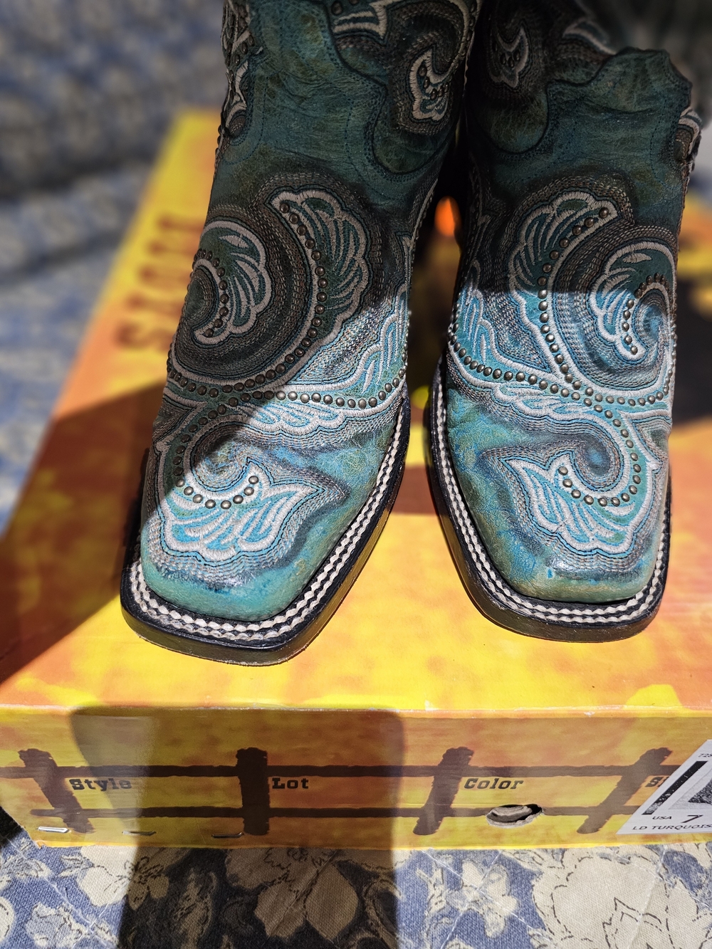 Turquoise Embroidered & Mini Studs Western Heeled Boots - Picture 2 of 12
